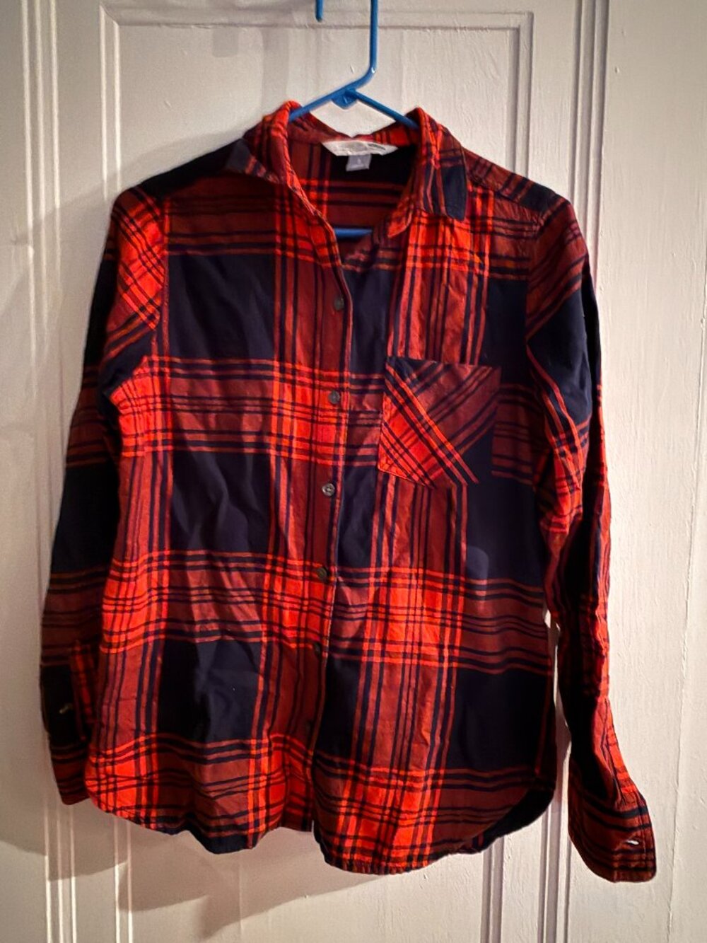 Old Navy Ladies Small Flannel Shirt, Orange and Blue, EUC